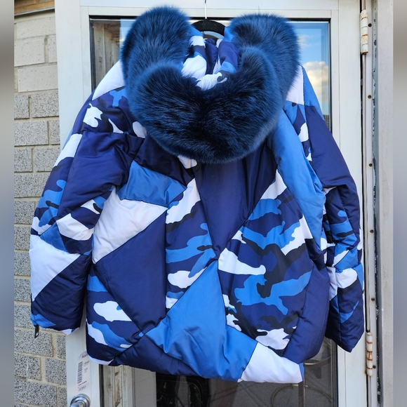 NWT Marco Del Forte Womens Winter Camo Blue Coat with Real Fur. Made in Italy - Picture 3 of 16